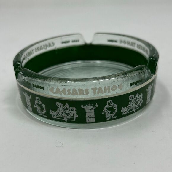 Vtg Caesars Tahoe Casino Ashtray Clear Green Greek Character Images Lake Nevada - Picture 2 of 6